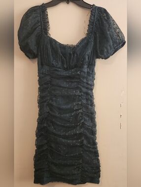 Navy Ruched Puff-Sleeve Midi Dress for Kids